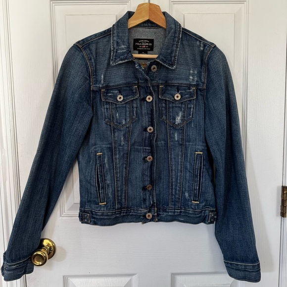 Ralph Lauren Polo Jeans Co Distressed Rocker Denim Jacket Medium Blue Jean - Picture 1 of 9